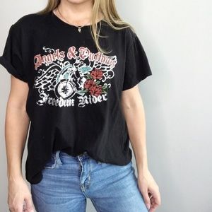 Angels & Outlaws Freedom Rider Motorcycle and roses black graphic tee size 1X